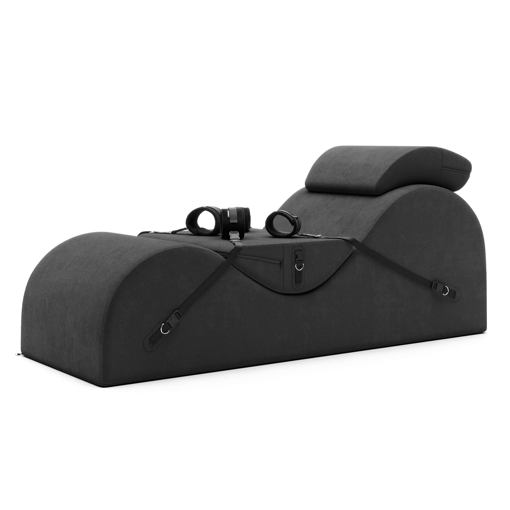 “Liberator Esse Valkyrie black chaise in moody bedroom lighting”
