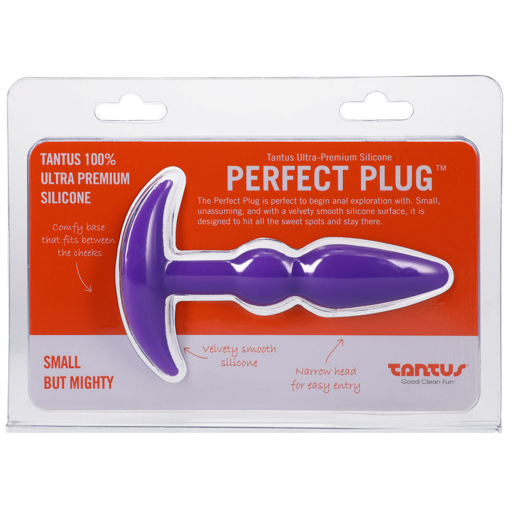 Tantus Silicone Perfect Butt Plug Purple in packaging