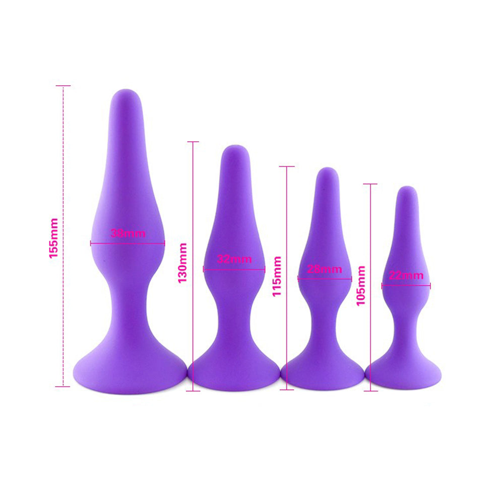 anal plug set-showing sizes-105mm x 22mm-115mm x 28mm-130mm x 32mm-155mm x 38mm of sizes
