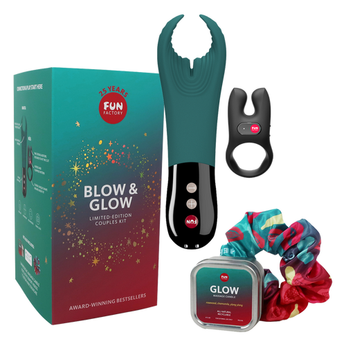 Fun Factory's BLOW and GLOW KIT for couples-being displayed out-of-box-candles-2-vibrators-hair scrunchy-games