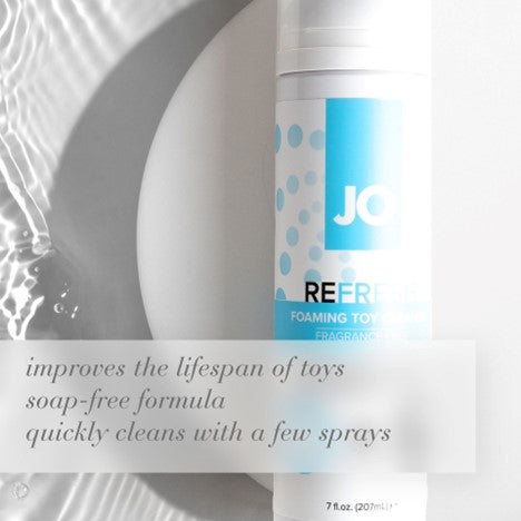 Jo Refresh sex toy cleaner information page - soap free, cleans quickly