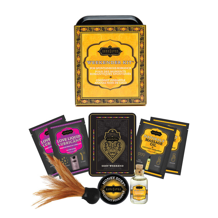 Weekender Kit Coconut Pineapple Scent - show open box -  2-single use love lubricant-dusting feather-massage oil-honey dust-sexy weekend box