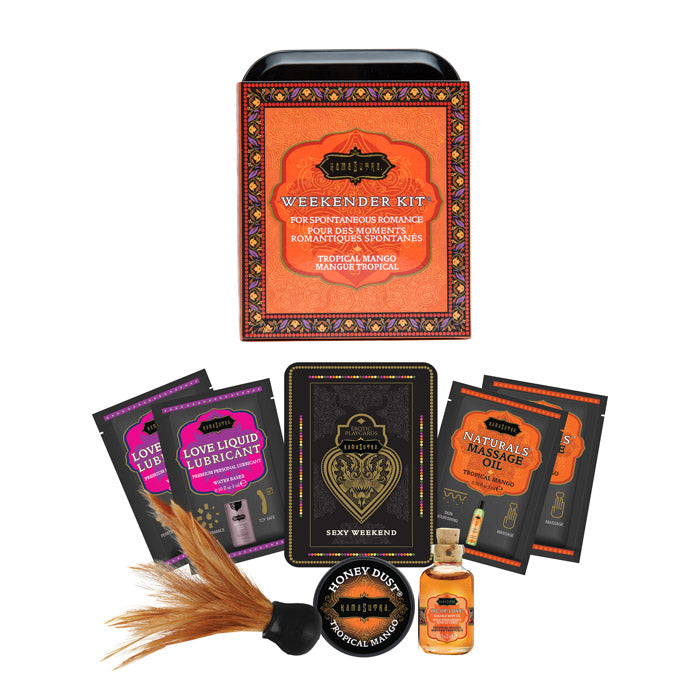 Kama Sutra's Weekender Kit - show open box -  2-single use love lubricant-dusting feather-massage oil-tropical mango scent honey dust-sexy weekend box