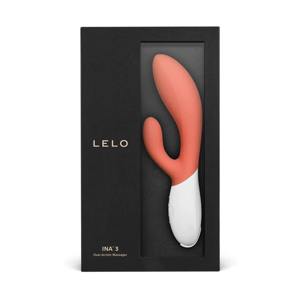 LeLo INA 3 coral color Rabbit vibrator shown in black packaging