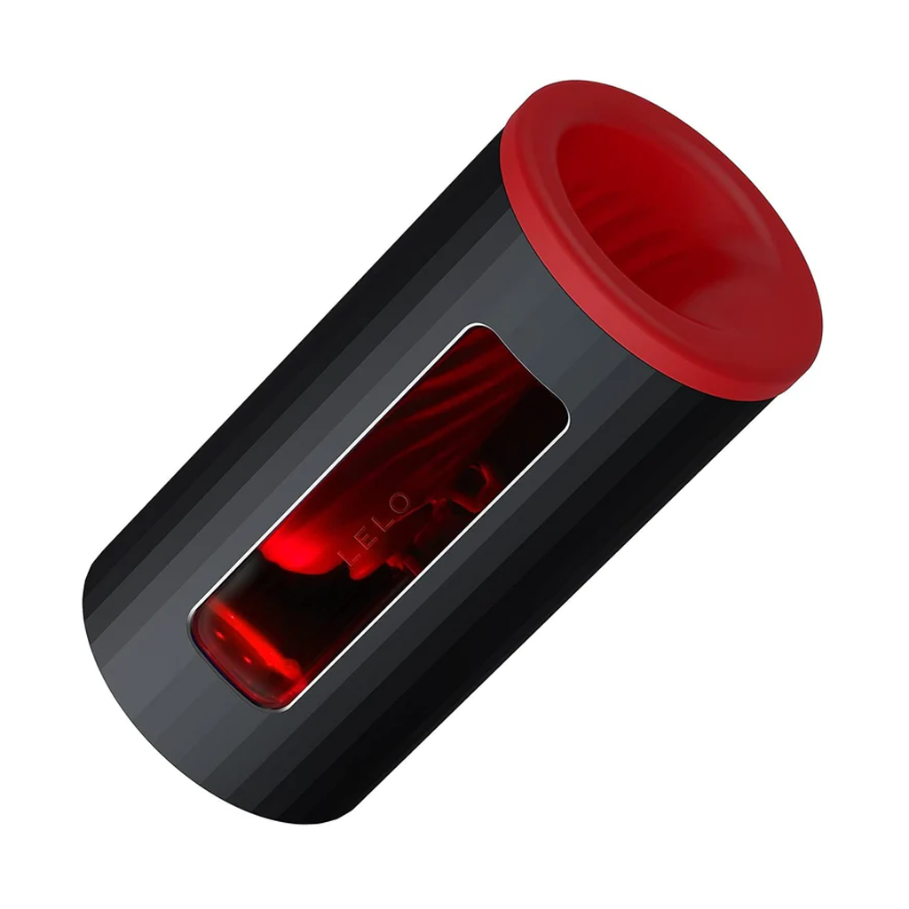 LELO F1S V2X red male masturbation vibrator shown with insertion end upward to the left