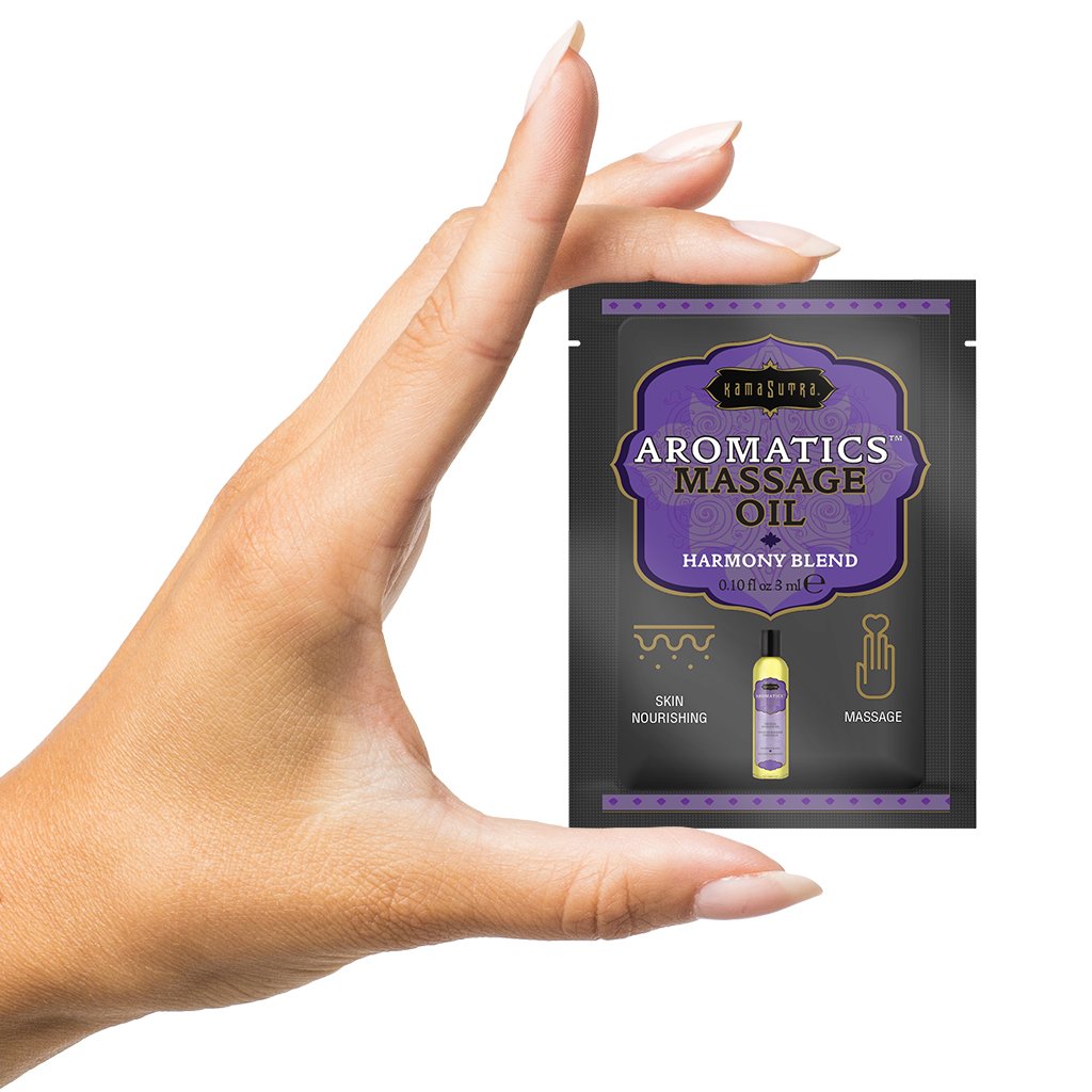 Hand Holding Kama Sutra's Aromatic Massage Oil Packette
