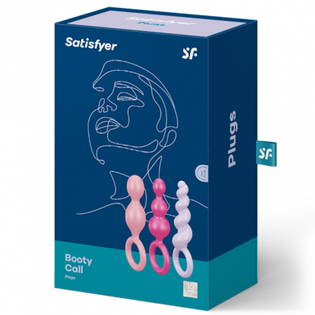 Satisfyer Booty Call (set of 3) (Colored) - pink, purple, red shown with a box