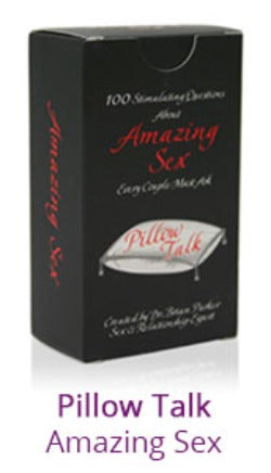 Pillow Talk Sex games for adults shown in box containing 100 cards