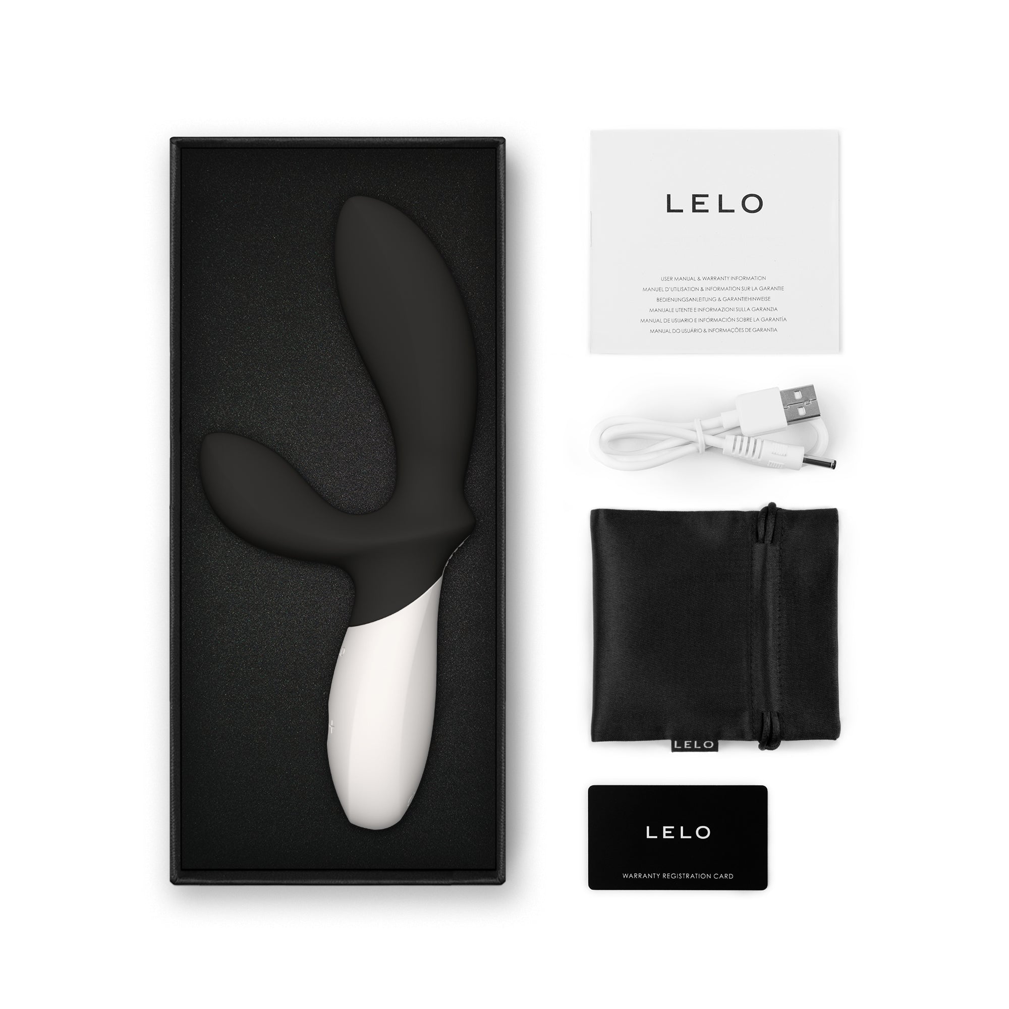 LeLo Loki Wave 2 Black Prostrate Massager shown in an Open-box presentation with USB charging cable