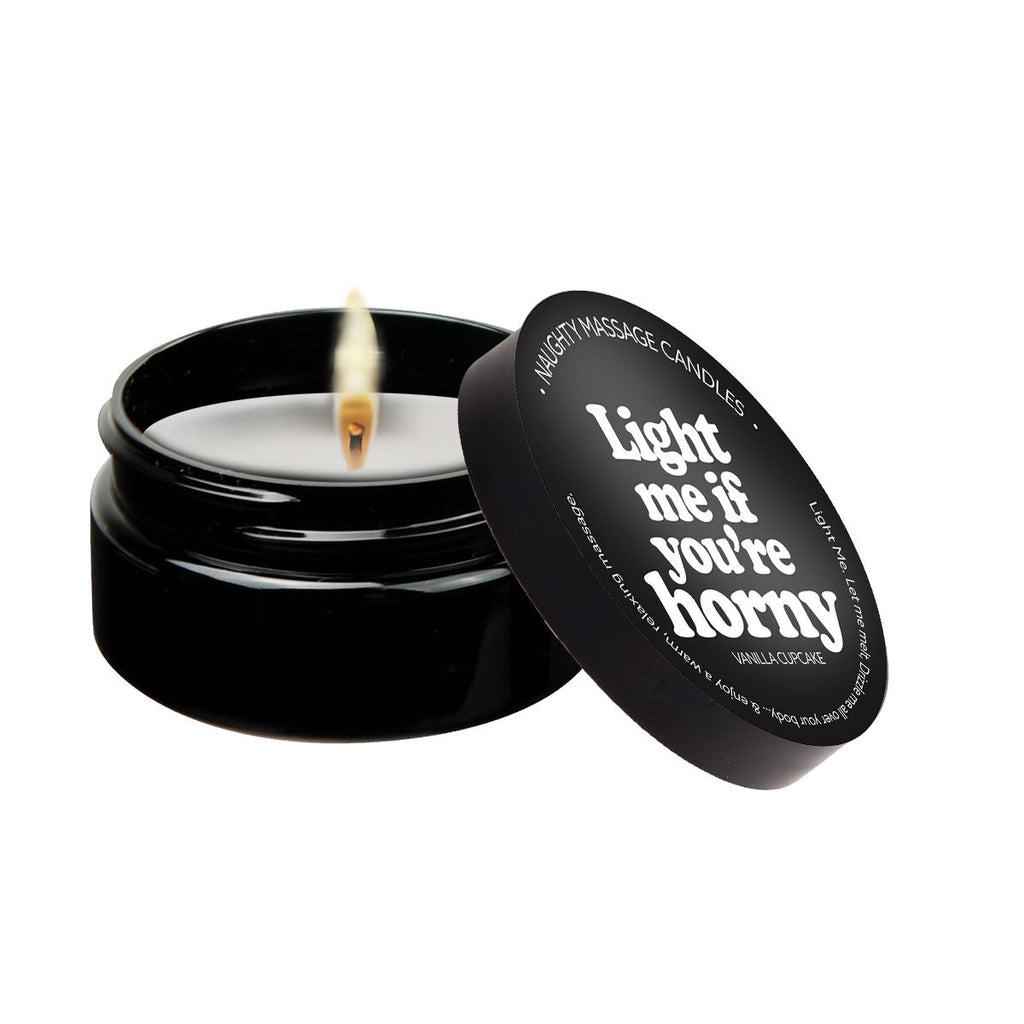 Kama Sutra's gag candle in black jar-lid reads-light me if you're horny