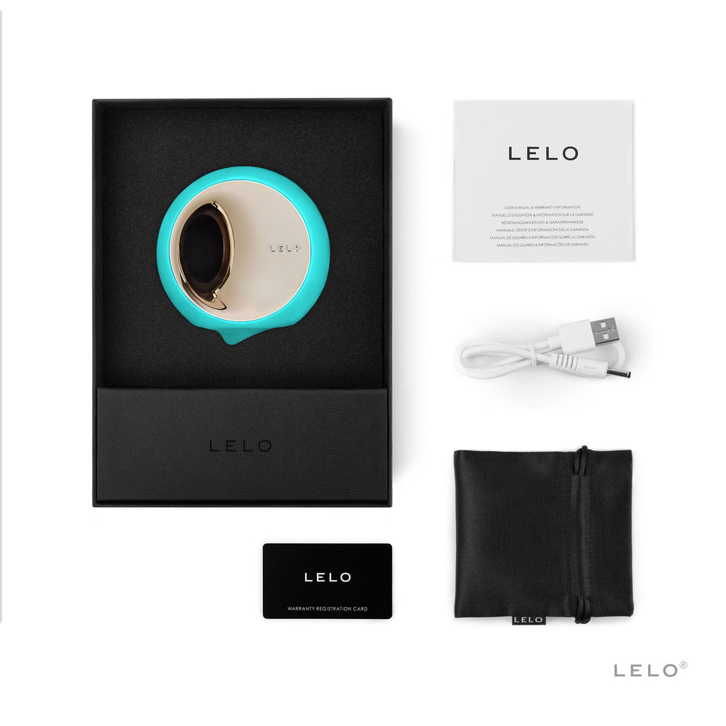 LELO ORA 3 oral stimulator shown in open box-usb charging cable-soft black storage bag