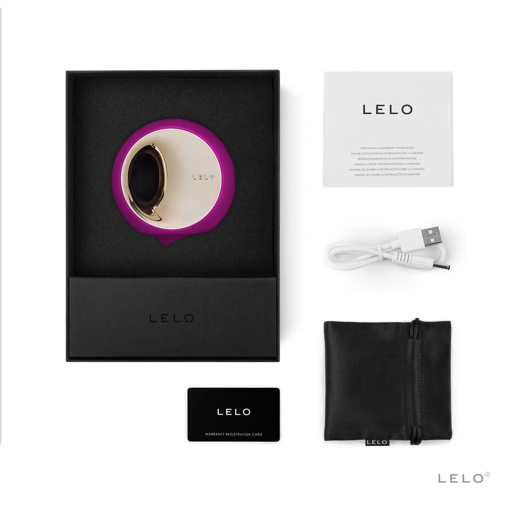 LELO Ora 3 Deep Rose oral simulator shown in open box presentation with USB charging cable and storage bag