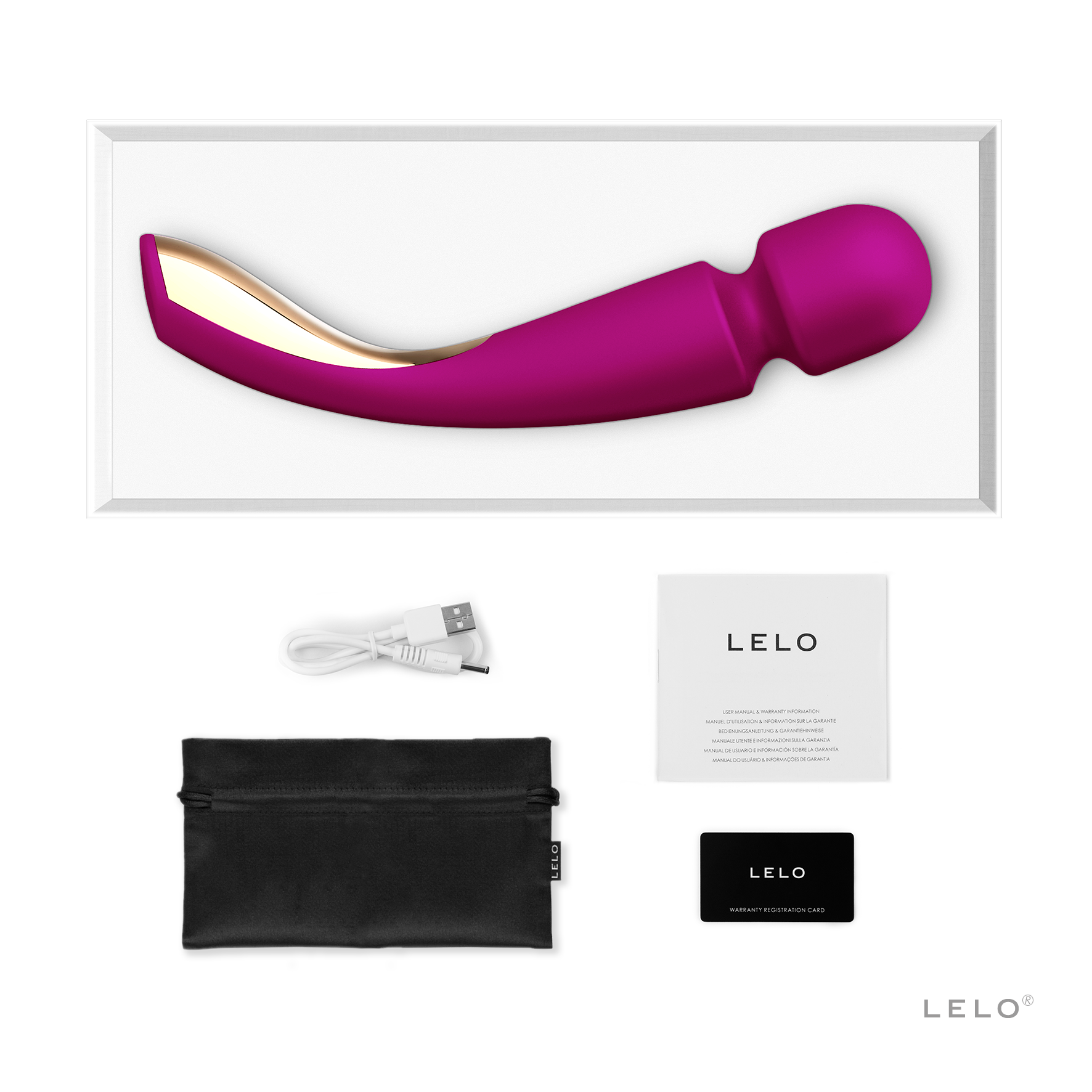 LELO Smart wand 2 Deep Rose Color-Large wand massager shown in a open-box presentation